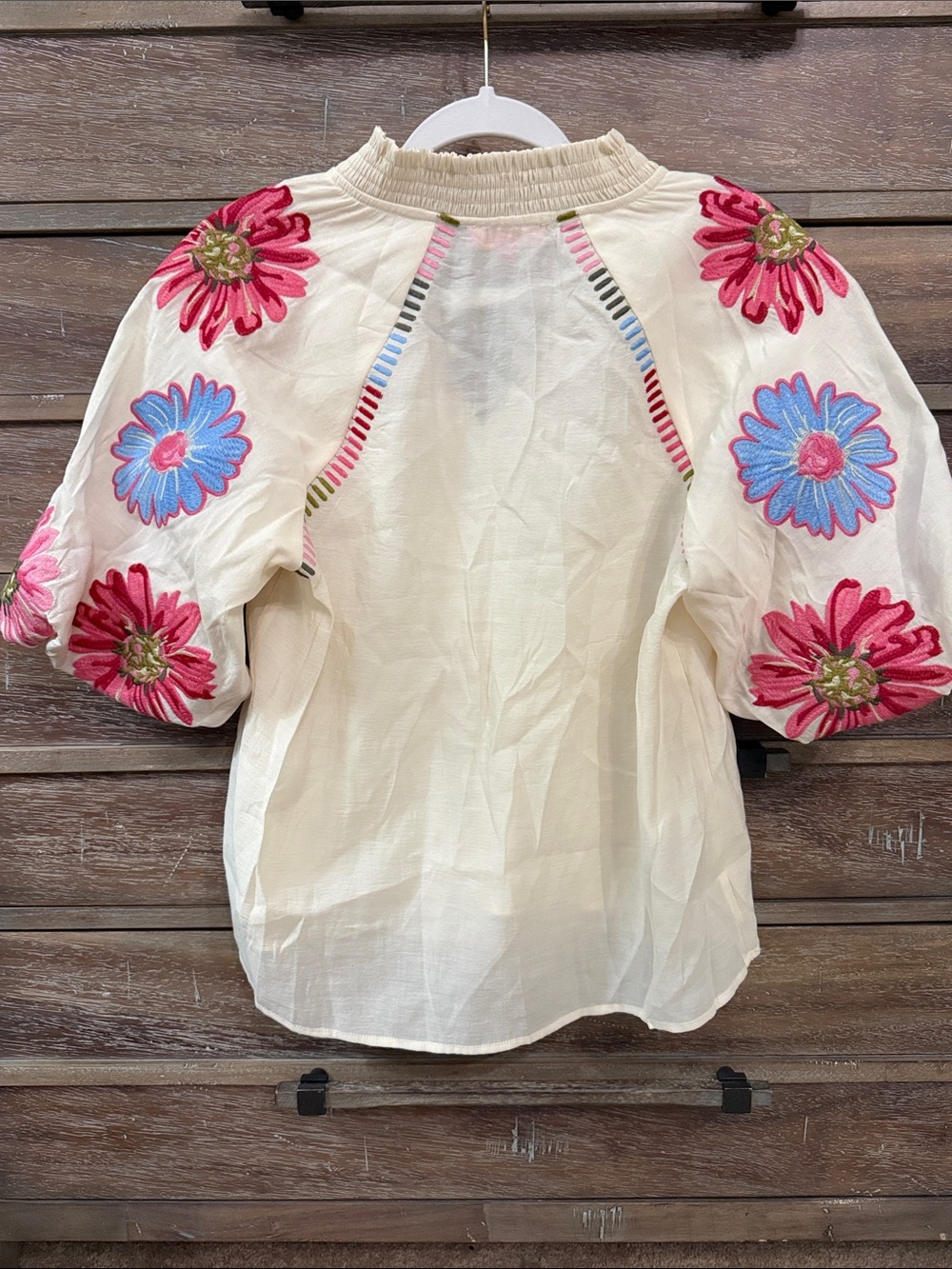 THML Oxbeau Cream V-Neck Top with Multicolor Embroidered Trim - Picture 5 of 5